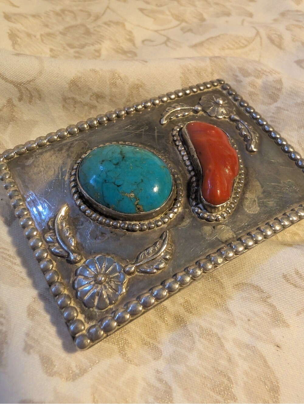 Vintage Sterling Silver Belt Buckle with Turquoise and Coral Stones 76grams